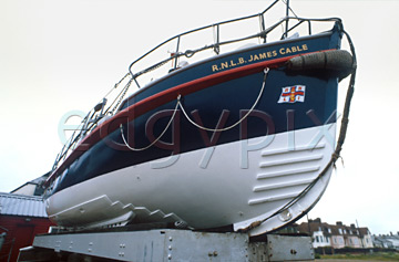 Comp image : boat0118 : The old Aldeburgh RNLI lifeboat on its carriage; Aldeburgh, Suffolk, England