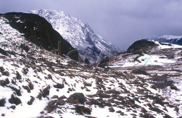 Comp image : ld02109 : Green Gable from south of Sty Head, in the English Lake District. Snow on the ground and on Gable, and it's cold!