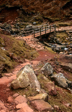 Comp image : ld02508 : Footbridge below Scale Force waterfall, nr Crummock Water in the Lake District. Shows distinctive red rock.