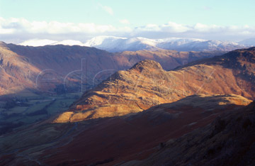 Comp image : ld02602 : Lingmoor Fell, in the Lake District, catches the winter sun in this view from Pike O'Blisco towards Langdale, with the Hellvellyn range under snow in the distance