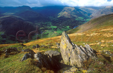Comp image : ld04709 : Sharp rocks on Place Fell, over Patterdale, looking towards Glenridding, in the English Lake District, in patchy autumn sun