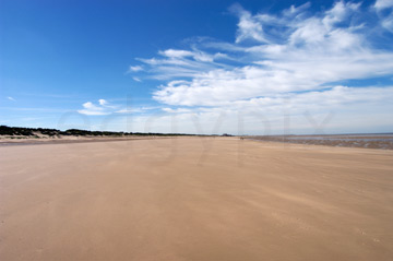 Comp image : shor022765 : Flat deserted beach at low tide under a blue sky with scattered cloud, on the North Norfolk coast of England