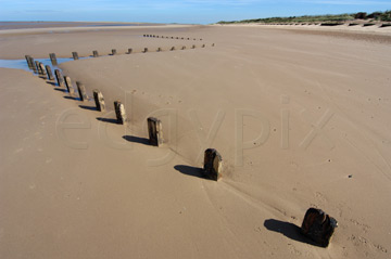 Comp image : shor022792 : A zigzag line of wooden posts in sunshine on a deserted sandy beach at low tide on the flat North Norfolk coast of England, under a clear blue sky