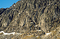 The 'Jack's Rake' route up Pavey Ark, overlooking Stickle Tarn, in the English Lake District