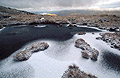 Grass tufts on peat in a small frozen tarn covered with a sprinkling of snow, near the summit cairn of Place Fell