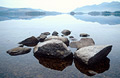 Derwentwater, in the English Lake District, looking north towards Keswick and a reflection of the distant fells