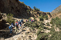 A party of trekkers with rucksacks walk up a dry dusty valley with scrub vegetation in strong sun, in the High Atlas mountains of Morocco