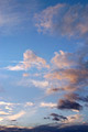 Pink tinted cumulus clouds spread out against a blue evening sky